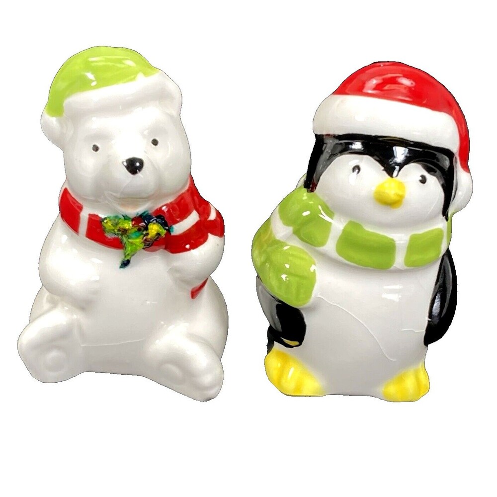 Polar Bear Penguin Salt and Pepper Shakers NEW Ceramic 3 in Christmas Hat Scarf